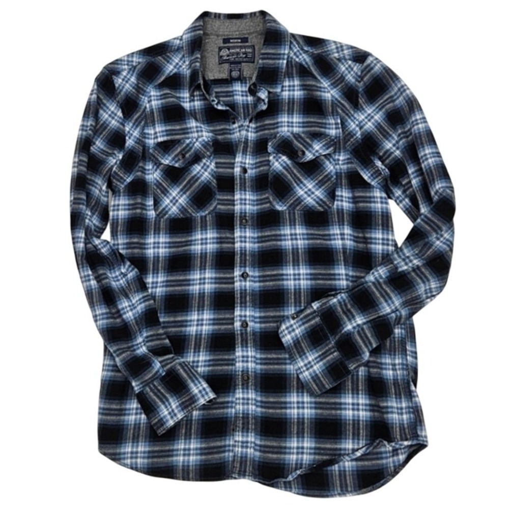 American Rag Mens Plaid Flannel Shirt Long Sleeve Up Medium Blue Black Gray